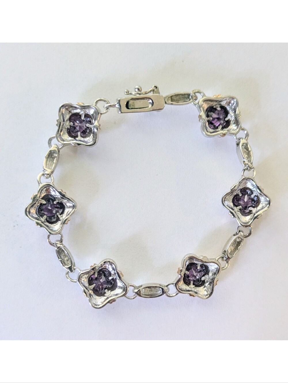 Vintage Silver Plated Gold Accent Purple Crystal Clover Station Link Bracelet 7" - Picture 8 of 9